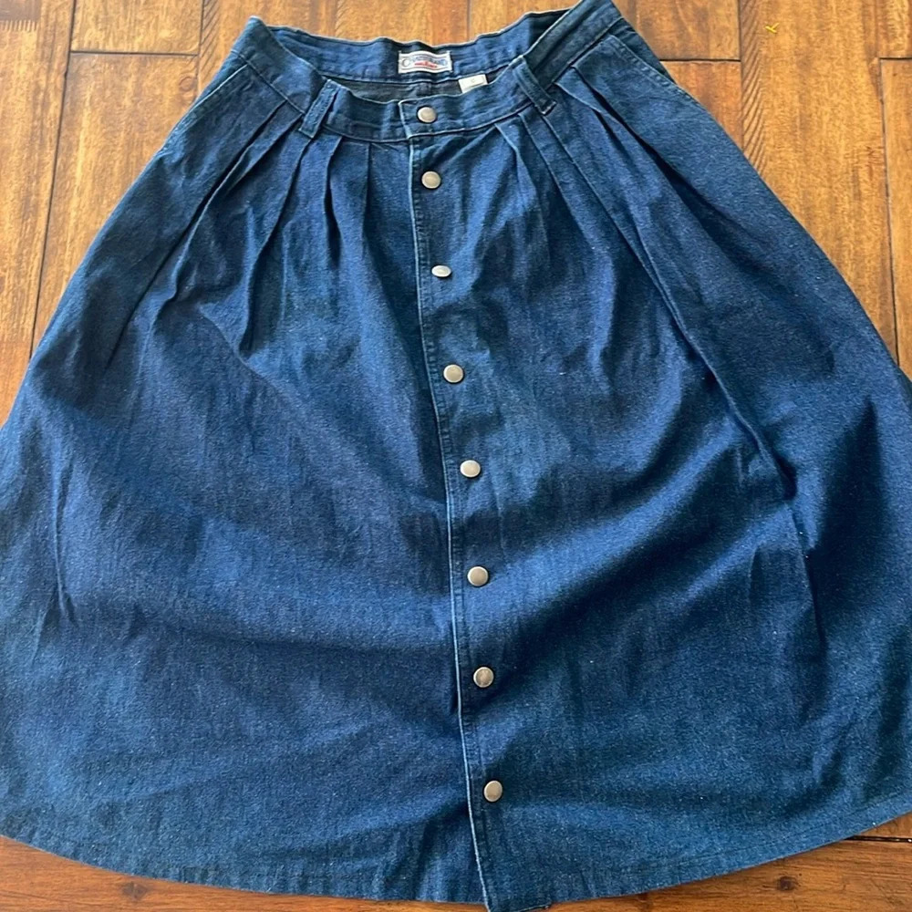 Vintage Chatts Island midi pleated blue denim jean flare skirt size 10